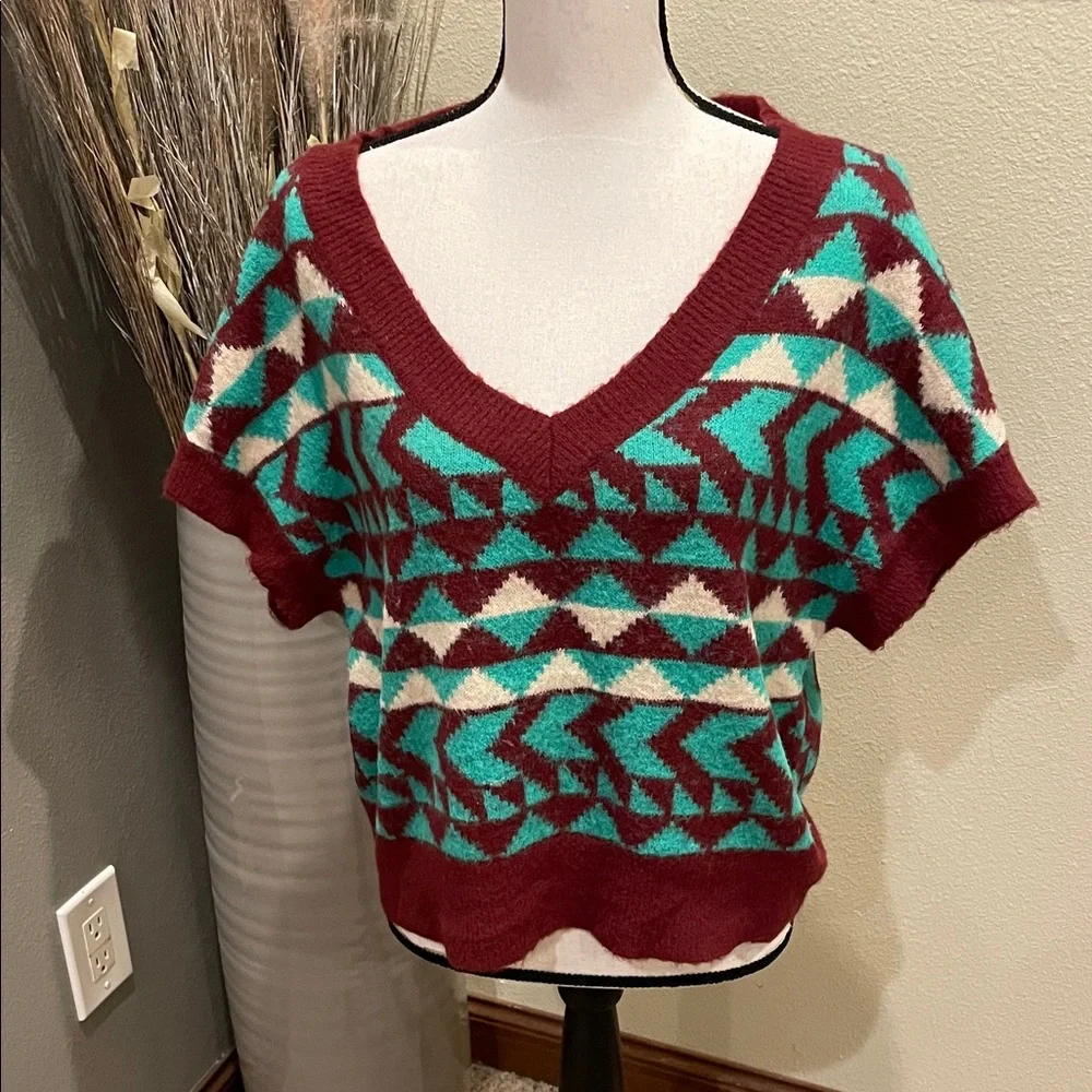 Free People Through The Motions Vest Green & Burgundy Brown Oversized Size Small - Picture 2 of 8